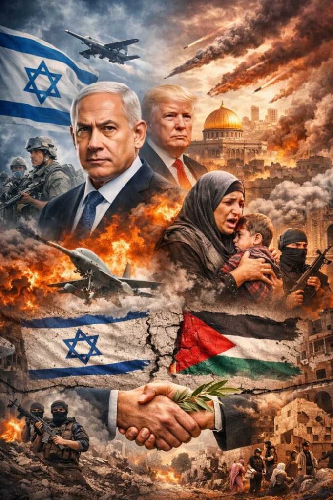 ಇಸ್ರೇಲ್ ಮತ್ತು ಬೆಂಜಮಿನ್ ನೆತನ್ಯಾಹು ಅವರ ಯುದ್ಧ ನೀತಿ ಹಾಗೂ ವಿಶ್ವ ಶಾಂತಿಯ ಮೇಲಾಗುತ್ತಿರುವ ಪರಿಣಾಮವನ್ನು ಬಿಂಬಿಸುವ ಸಾಂಕೇತಿಕ ಚಿತ್ರ