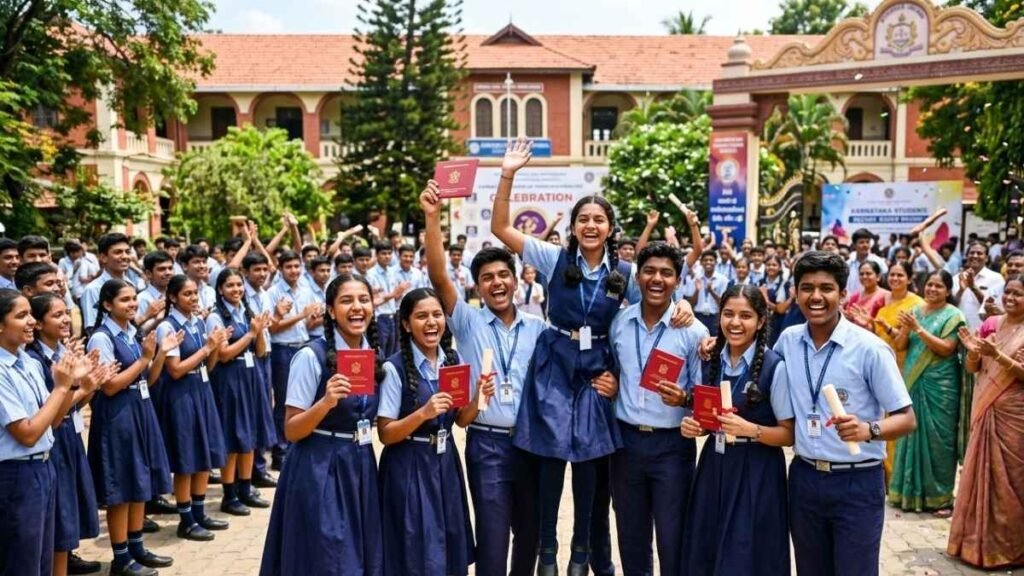 ಪರೀಕ್ಷೆಯಲ್ಲಿ ತೇರ್ಗಡೆಯಾದ ನಂತರ ಸಂಭ್ರಮಿಸುತ್ತಿರುವ ವಿದ್ಯಾರ್ಥಿಗಳು ಮತ್ತು ಕರ್ನಾಟಕ ಶಿಕ್ಷಣ ಇಲಾಖೆಯ ಲೋಗೋ.