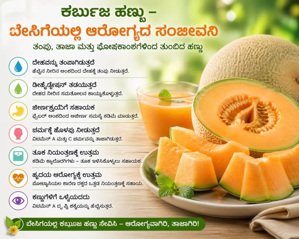 ಬೇಸಿಗೆಯ ಆರೋಗ್ಯಕ್ಕೆ ತಾಜಾ ಕರ್ಬೂಜ ಹಣ್ಣಿನ ಪ್ರಯೋಜನಗಳನ್ನು ವಿವರಿಸುವ ಚಿತ್ರ