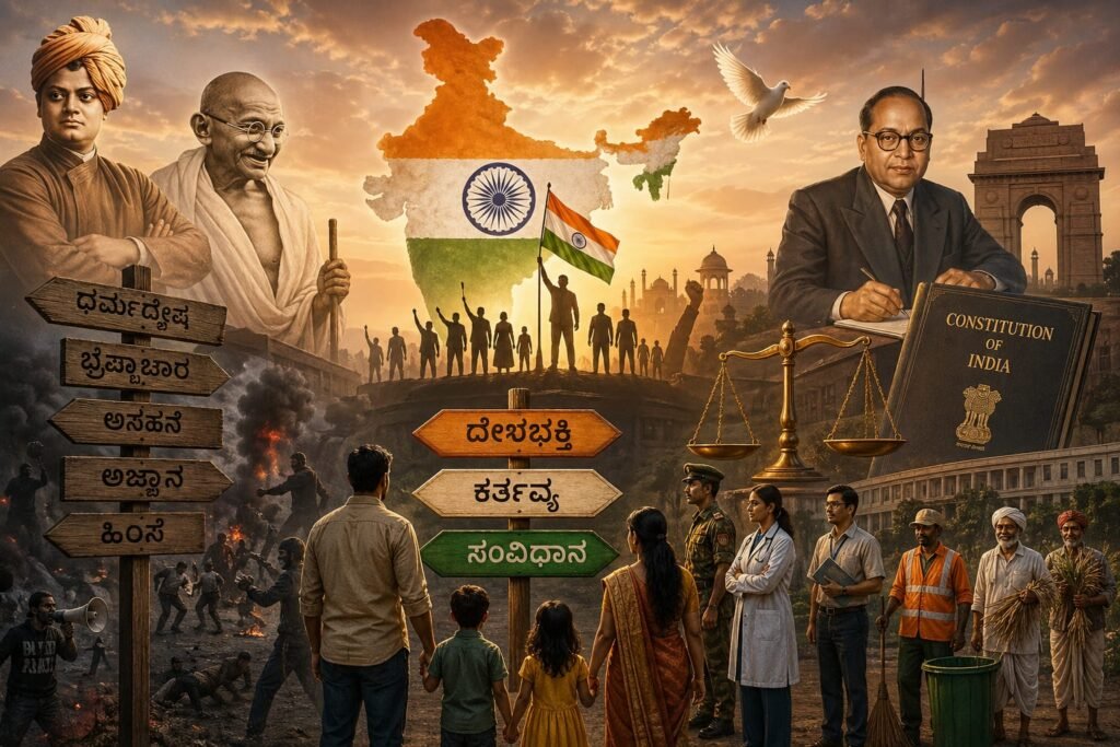 ಭಾರತದ ರಾಷ್ಟ್ರಧ್ವಜದ ಹಿನ್ನೆಲೆಯಲ್ಲಿ ಸಂವಿಧಾನದ ಪೀಠಿಕೆ ಮತ್ತು ಜನರ ಭಾವಚಿತ್ರದ ಸಂಯೋಜನೆ.