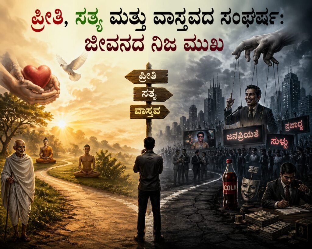 ಪ್ರೀತಿ, ಸತ್ಯ ಮತ್ತು ವಾಸ್ತವದ ನಡುವಿನ ಸಂಘರ್ಷವನ್ನು ಬಿಂಬಿಸುವ ಸಾಂಕೇತಿಕ ಚಿತ್ರ - ಎಳನೀರು ಮತ್ತು ಸಾಫ್ಟ್ ಡ್ರಿಂಕ್ ನಡುವಿನ ಹೋಲಿಕೆ.