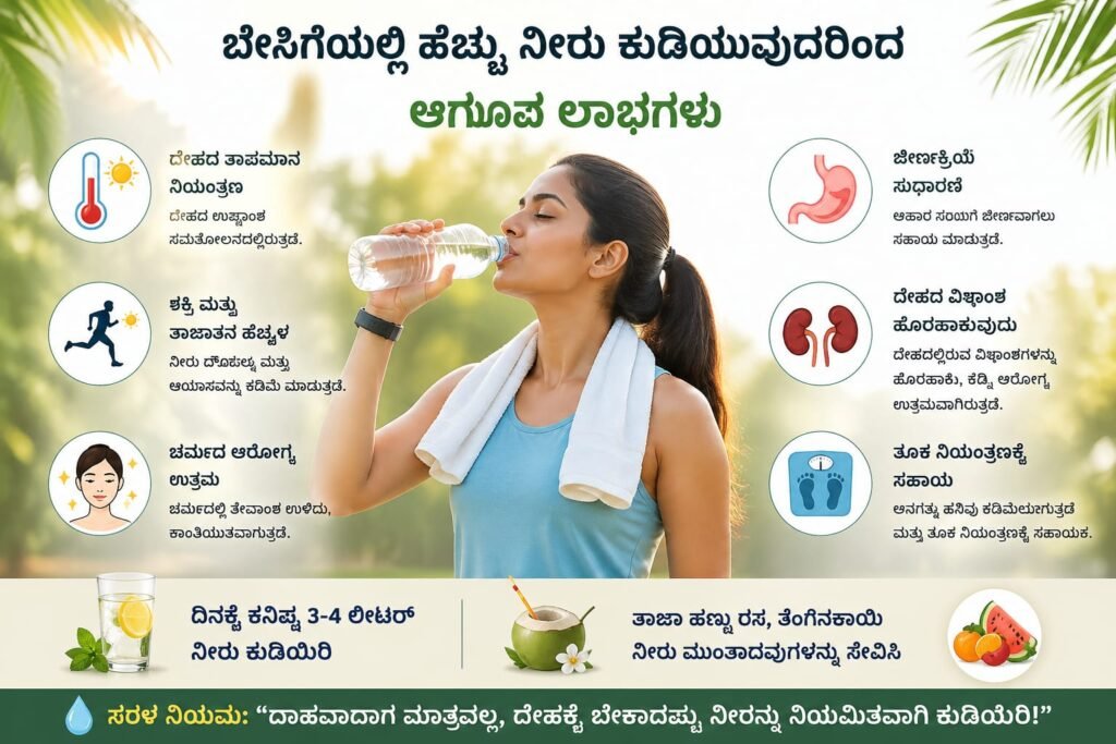 A person drinking water from a glass with summer fruits in the background