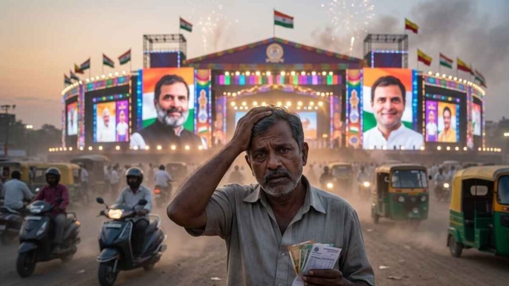 Symbolic image depicting the contrast between government achievement celebrations and the real-life struggles of the common man in India.