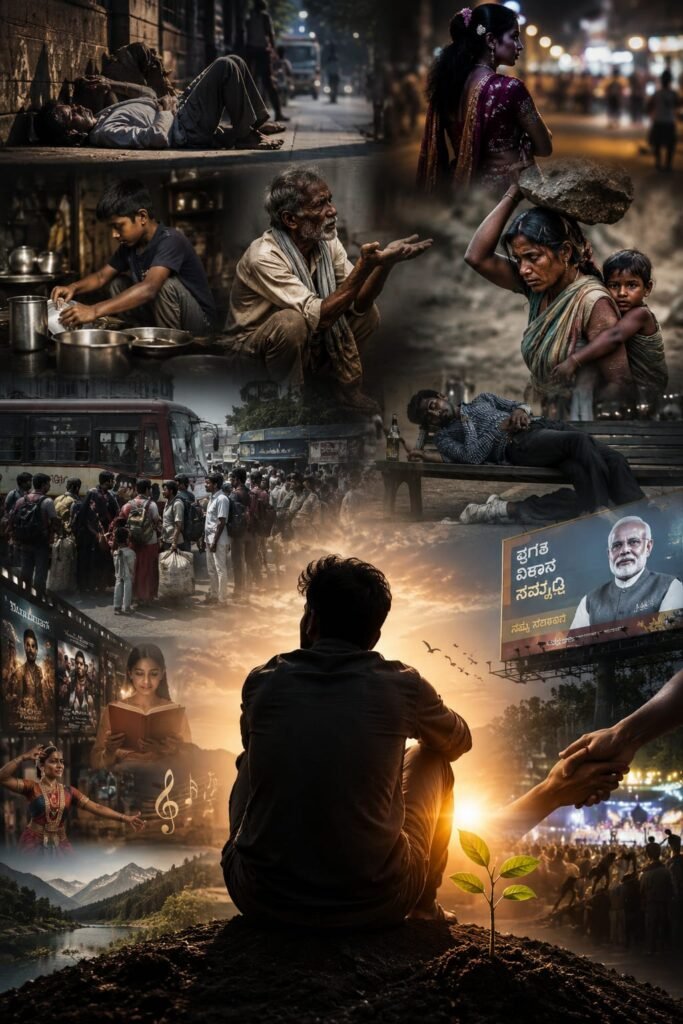 ಕದಡುವ ಭಾವನೆಗಳು ಮತ್ತು ಕಟು ವಾಸ್ತವ: ವ್ಯವಸ್ಥೆಯ ನಡುವೆ ಕರಗುತ್ತಿರುವ ಮಾನವೀಯತೆ ಬೀದಿ ಬದಿಯ ಬಡತನ ಮತ್ತು ಭವ್ಯವಾದ ಸರ್ಕಾರಿ ಜಾಹೀರಾತು ಬೋರ್ಡ್ಗಳ ವ್ಯತ್ಯಾಸವನ್ನು ತೋರಿಸುವ ಸಾಂಕೇತಿಕ ಚಿತ್ರ (A ನೋವಿನ ಮತ್ತು ವಾಸ್ತವದ ಮುಖಗಳು).